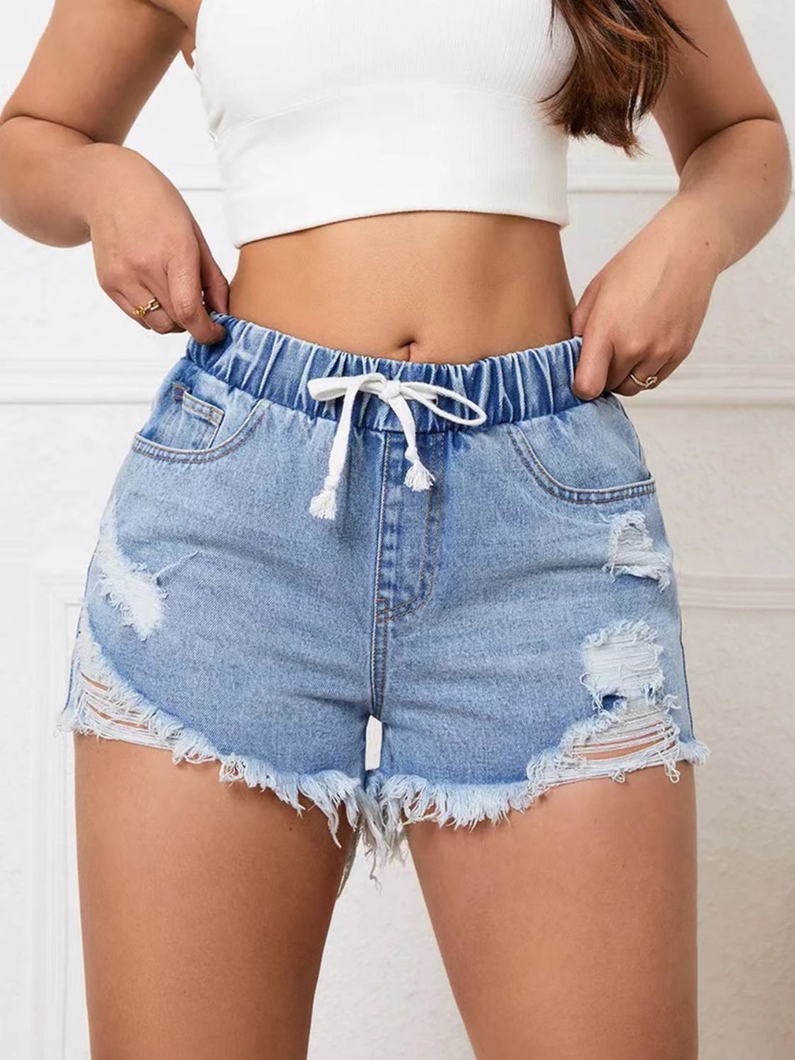 Distressed Drawstring Raw Hem Denim Shorts by Lady Ros