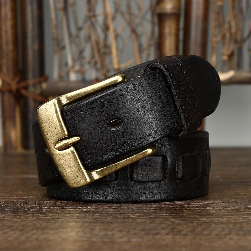 Retro Genuine Leather With Brass Buckle Belt For Men by GJG Denim