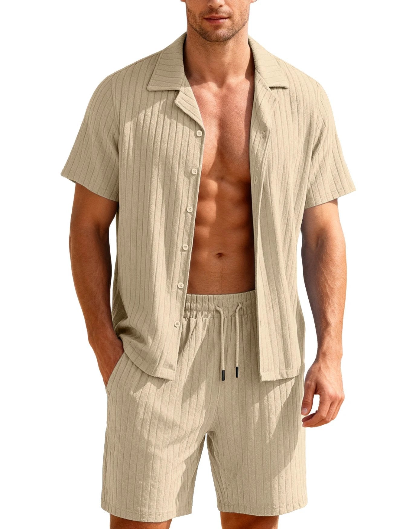 Men's Casual Button-Down Shirt And Shorts Set by GJG Denim
