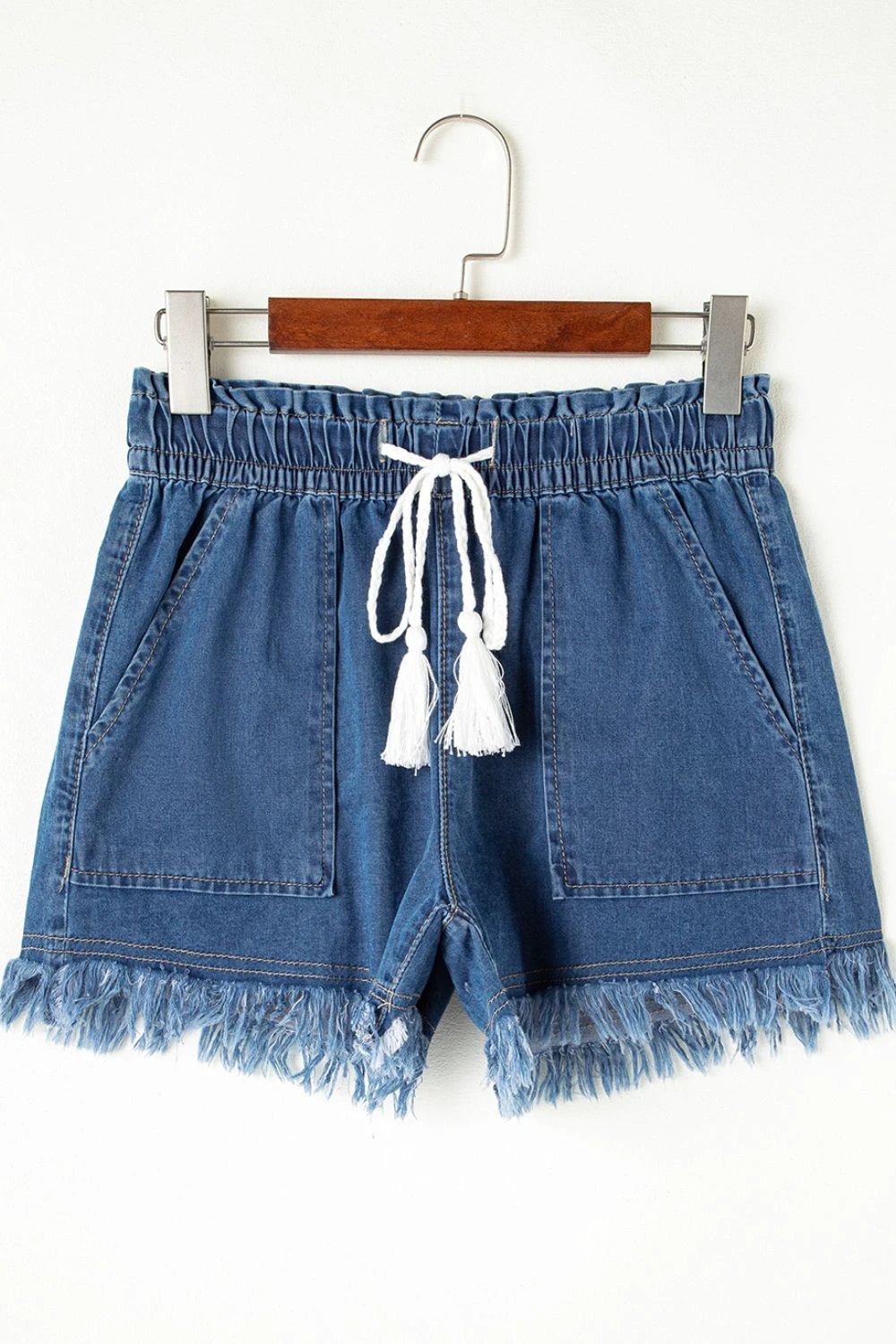 Raw Hem Drawstring High Waist Denim Shorts with Pockets by Lady Ros