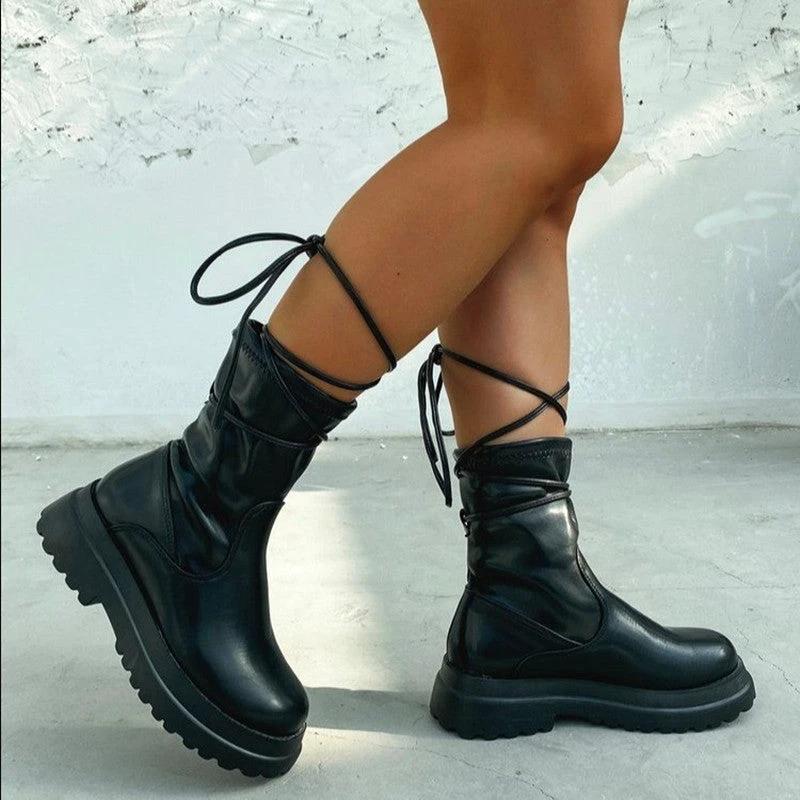 Platform Lace-up Middle Boots Plus Size Platform Heel Ankle Boots by GJG Denim