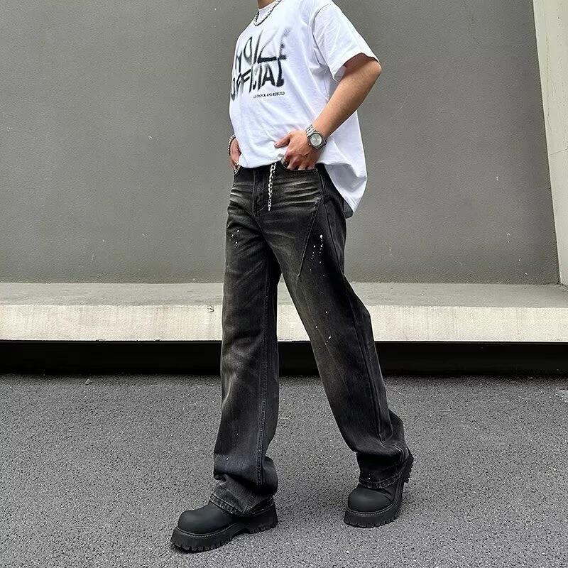 Retro Black Tie-dye Straight-leg Jeans For Men by GJG Denim