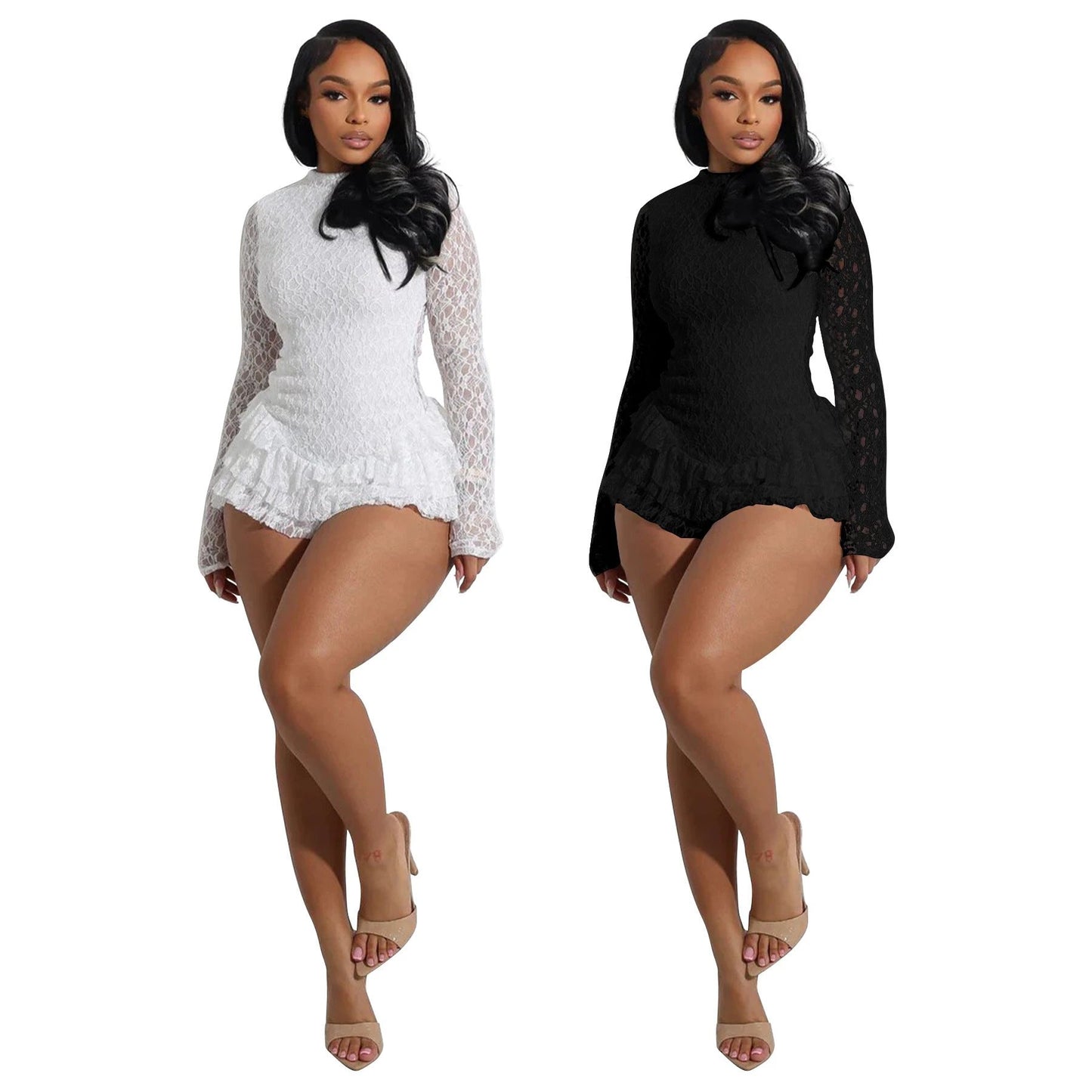Women's Sexy Lace Long Sleeve Shorts Wooden Ear Backless Jumpsuit by GJG Denim