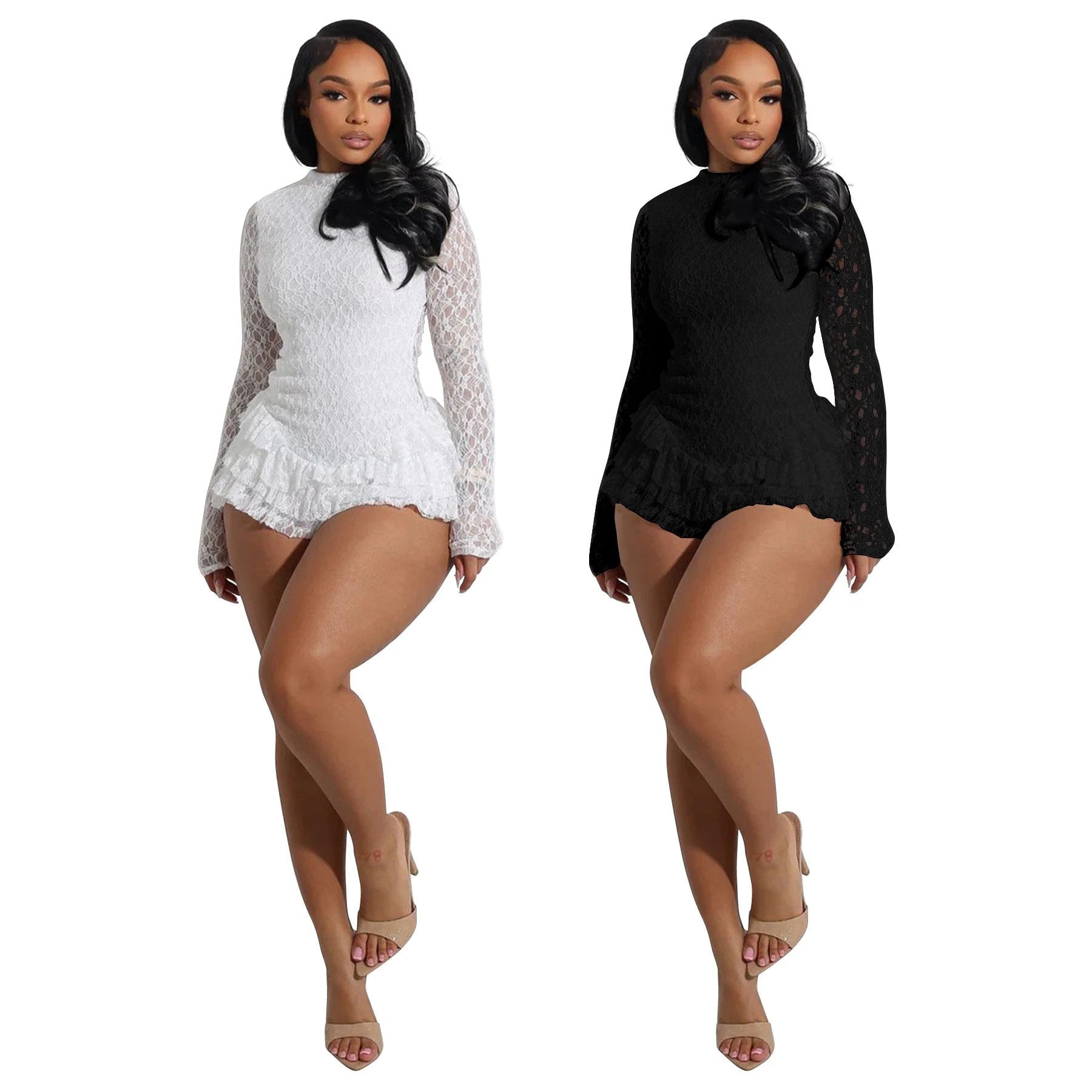 Women's Sexy Lace Long Sleeve Shorts Wooden Ear Backless Jumpsuit by GJG Denim