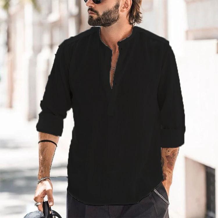 Men's Casual Stand-up Collar Solid Color Long Sleeve Shirt by GJG Denim