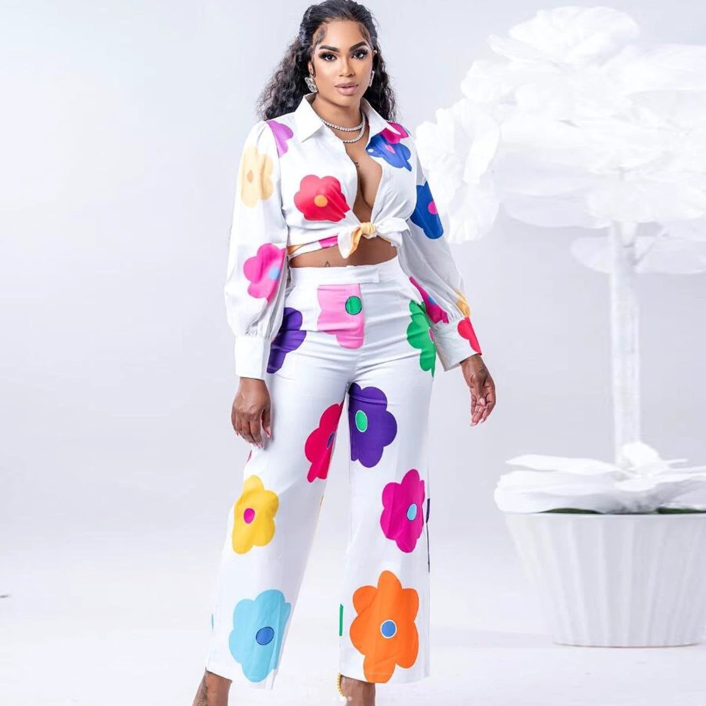 Women's Fashion Color Printed Shirt Suit Two-piece Set by GJG Denim