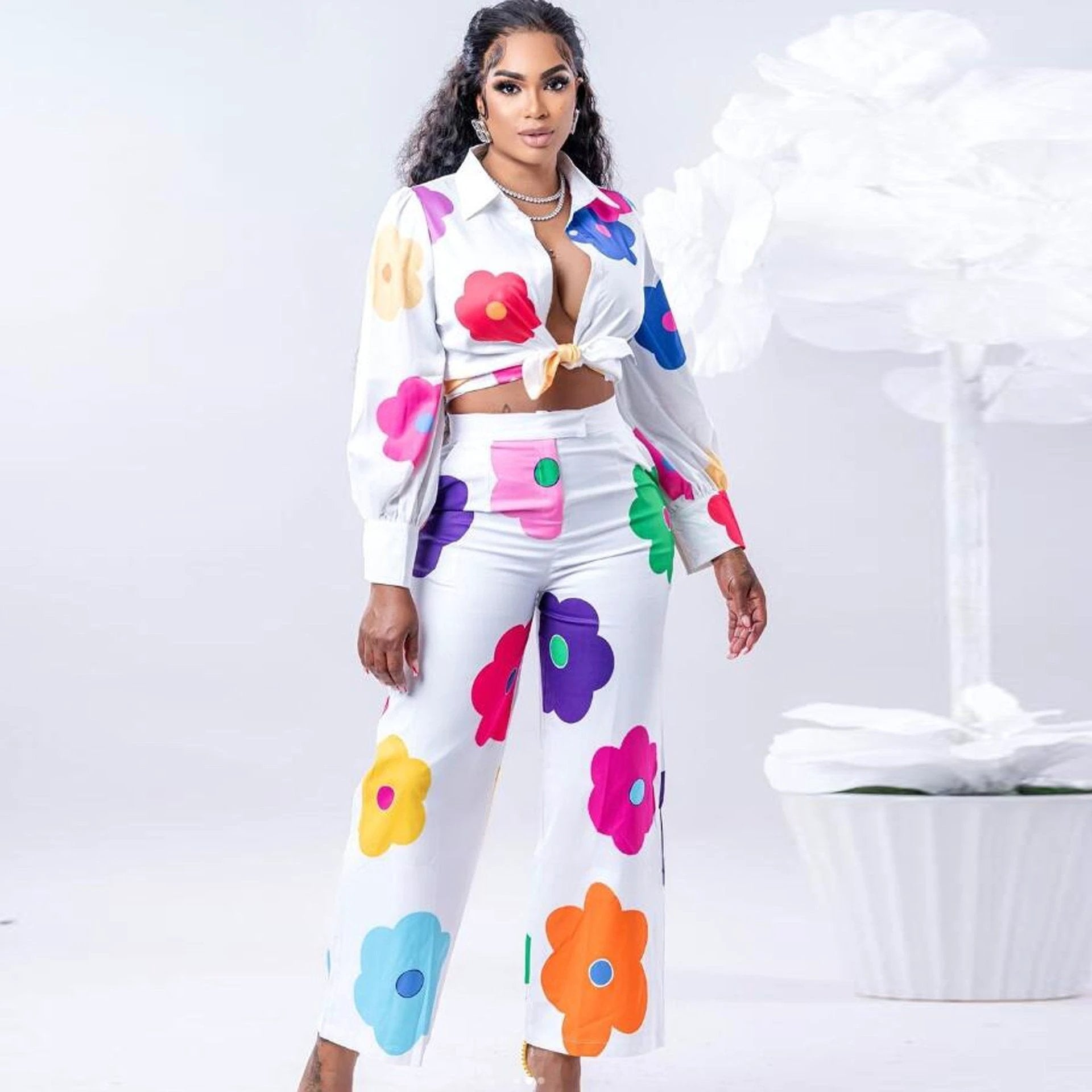 Women's Fashion Color Printed Shirt Suit Two-piece Set by GJG Denim