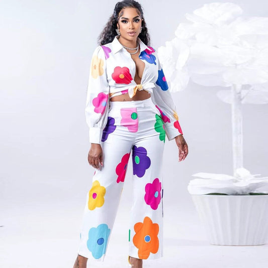 Women's Fashion Color Printed Shirt Suit Two-piece Set by GJG Denim