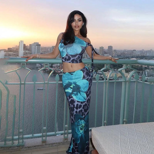 Contrast Color Leopard Print Flower Print Sleeveless Midriff-baring Long Dress Suit by GJG Denim