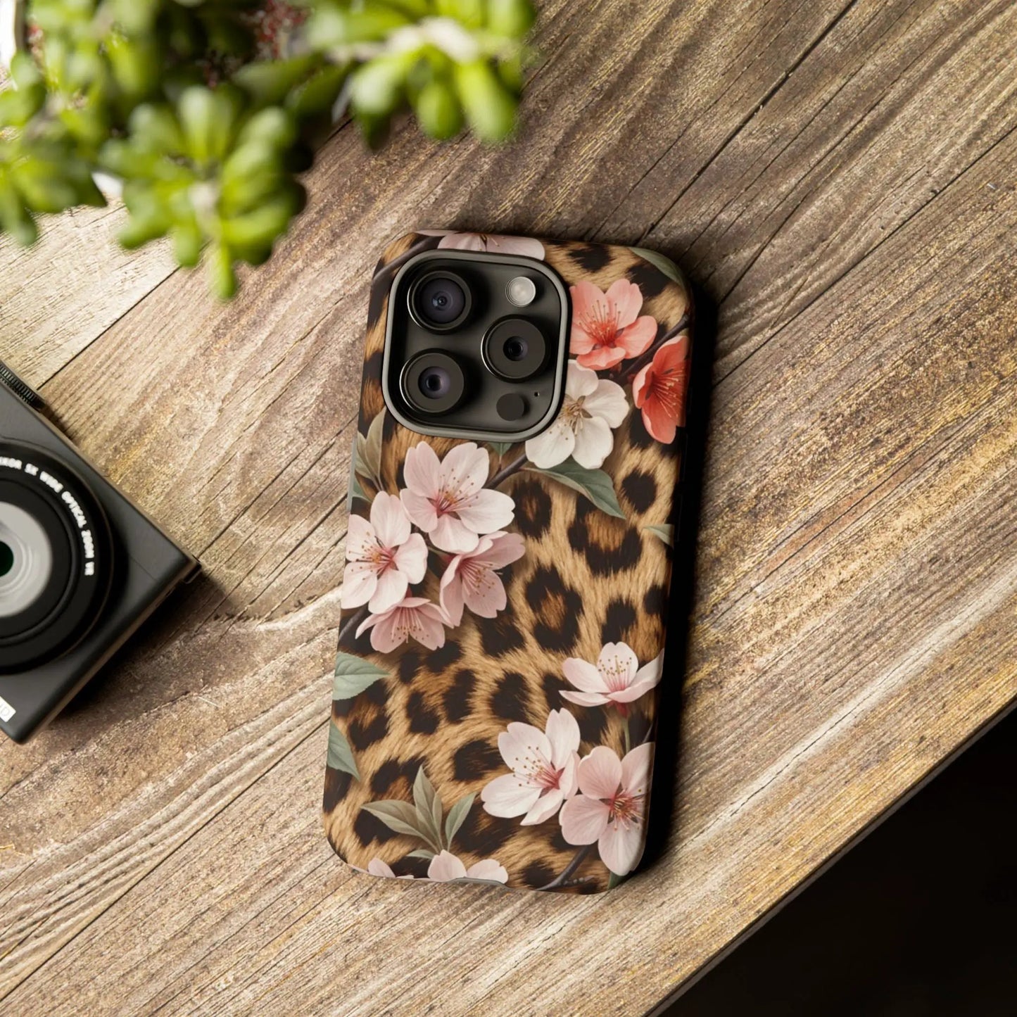 Leopard Floral Tough Case — Protective Phone Case with Pink Cherry Blossoms by Printify