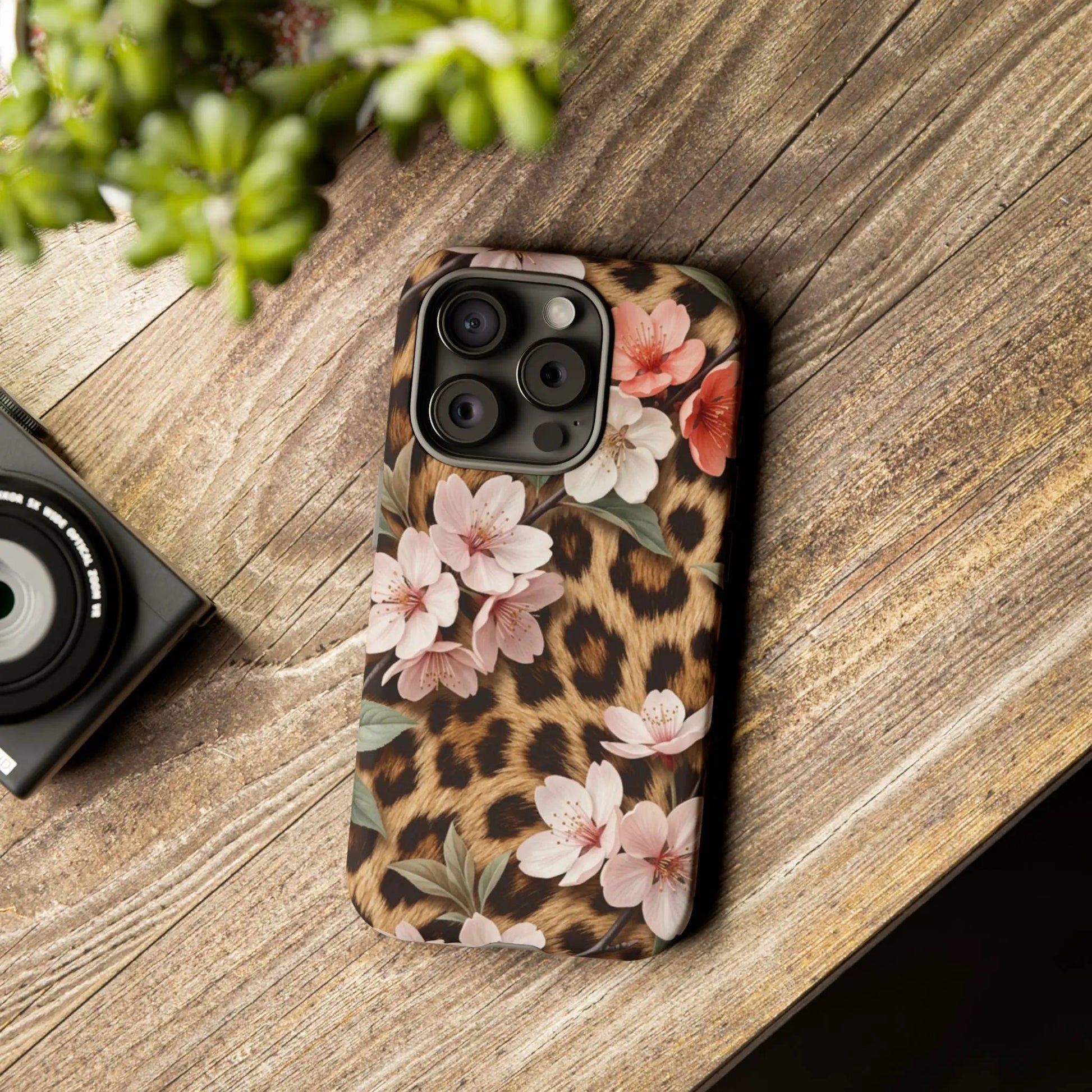 Leopard Floral Tough Case — Protective Phone Case with Pink Cherry Blossoms by Printify