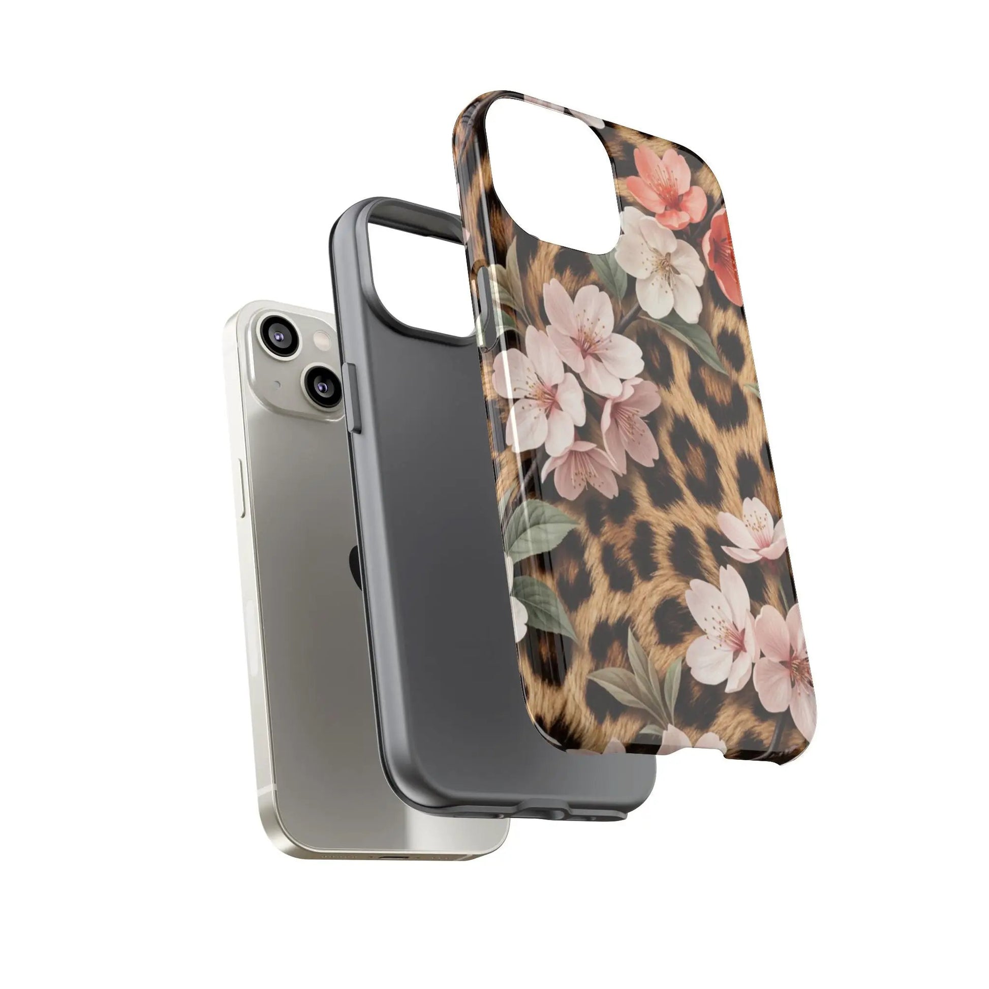 Leopard Floral Tough Case — Protective Phone Case with Pink Cherry Blossoms by Printify