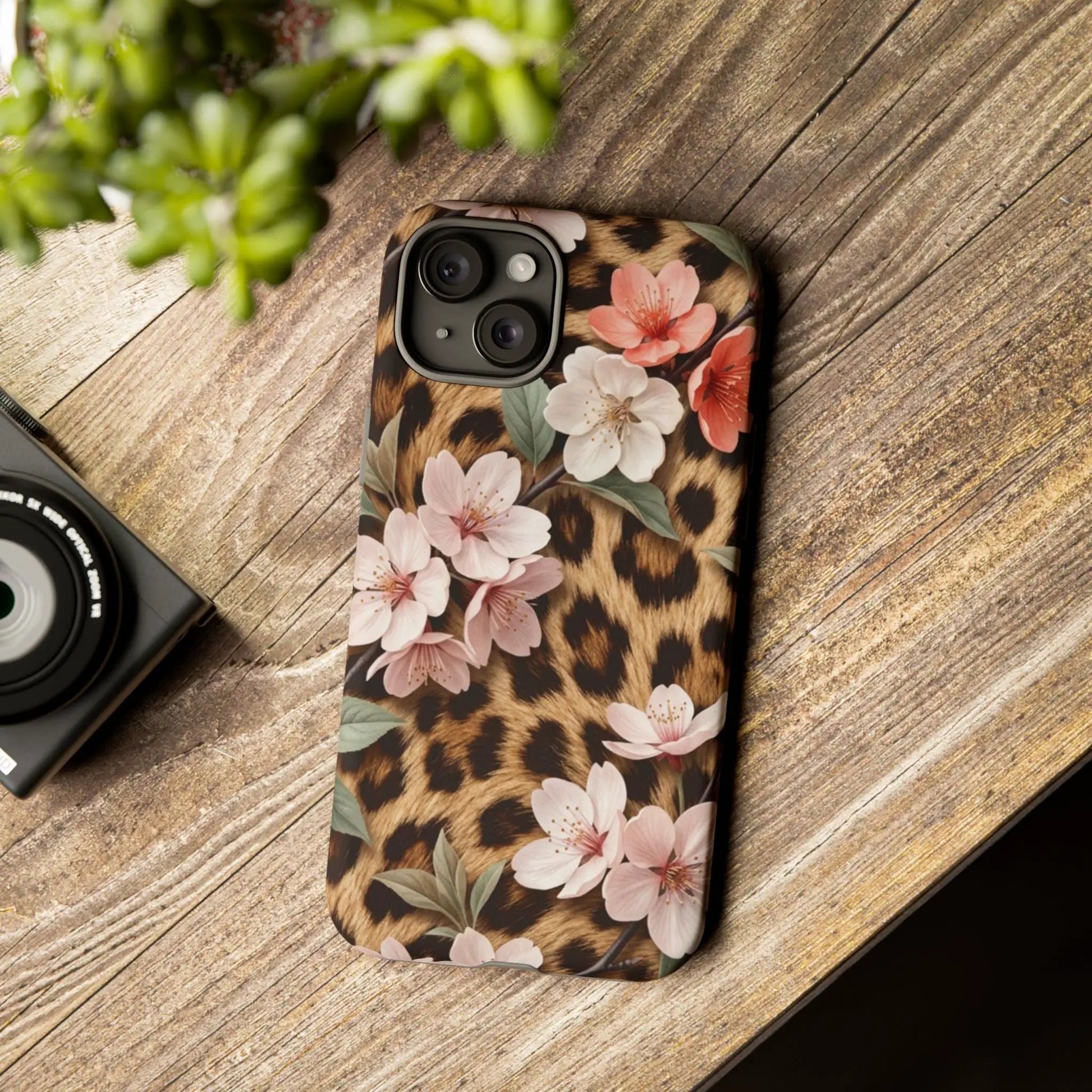 Leopard Floral Tough Case — Protective Phone Case with Pink Cherry Blossoms by Printify