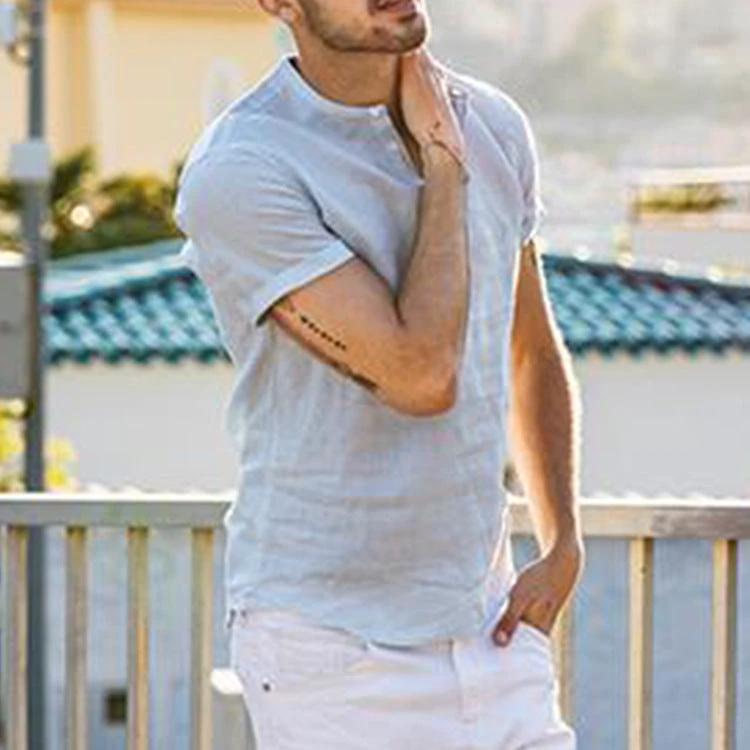 Men's Stand Collar Cotton Linen Short Sleeve Shirt by GJG Denim