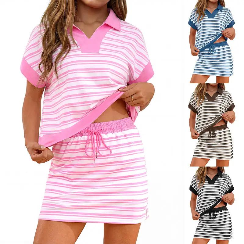 Striped V-Neck Casual Short-Sleeve Polo Skirt Set by GJG Denim