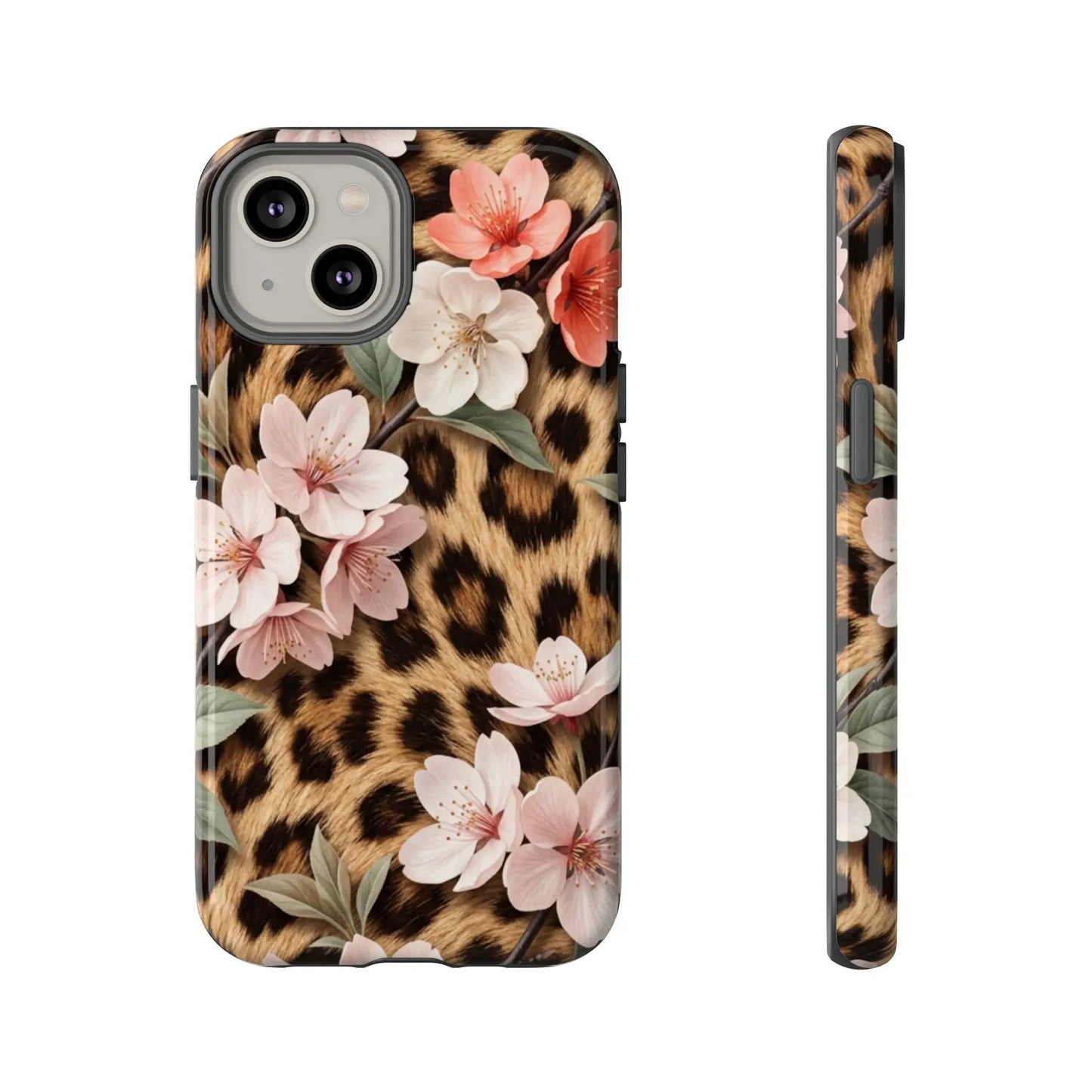 Leopard Floral Tough Case — Protective Phone Case with Pink Cherry Blossoms by Printify
