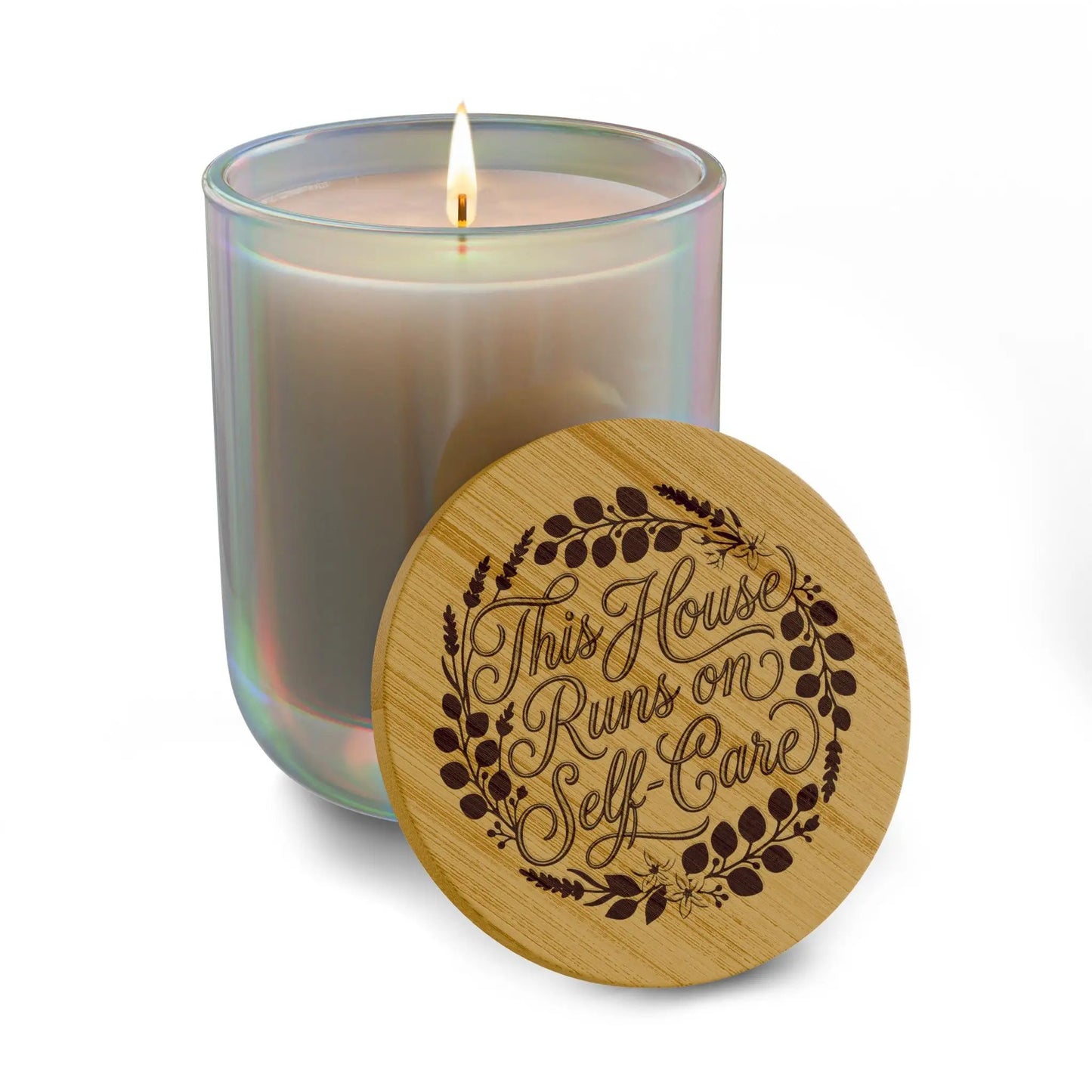 Engraved Soy Candle - "This House Runs on Self-Care" 14oz Scented Candle with Bamboo Lid by Printify