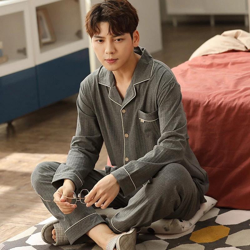 Simple Cotton Long-Sleeved Men's Pajamas by GJG Denim