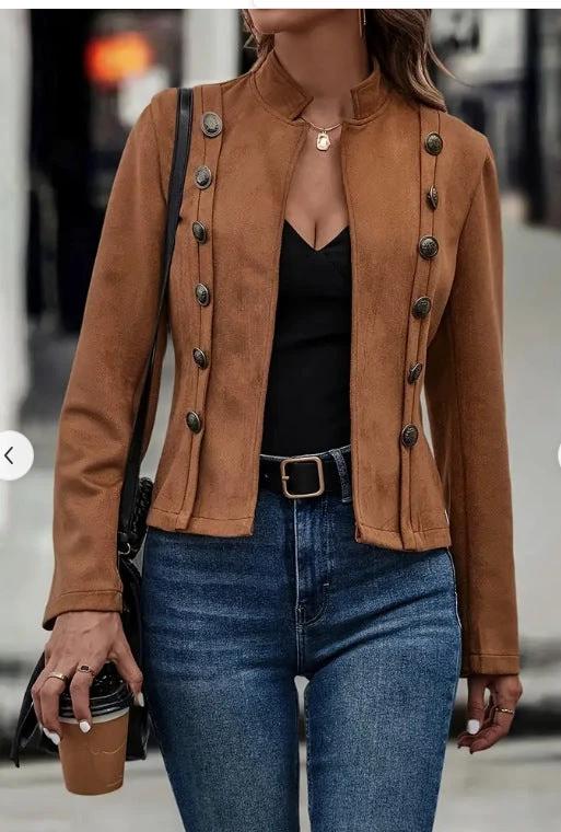 Solid Short Jacket Double Breasted Decorative Design Fashion Retro Suede Long Sleeve Outwear Tops Coat For Womens Clothing by GJG Denim