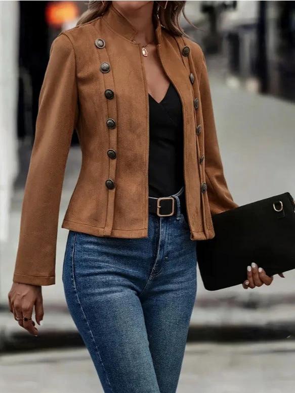 Solid Short Jacket Double Breasted Decorative Design Fashion Retro Suede Long Sleeve Outwear Tops Coat For Womens Clothing by GJG Denim