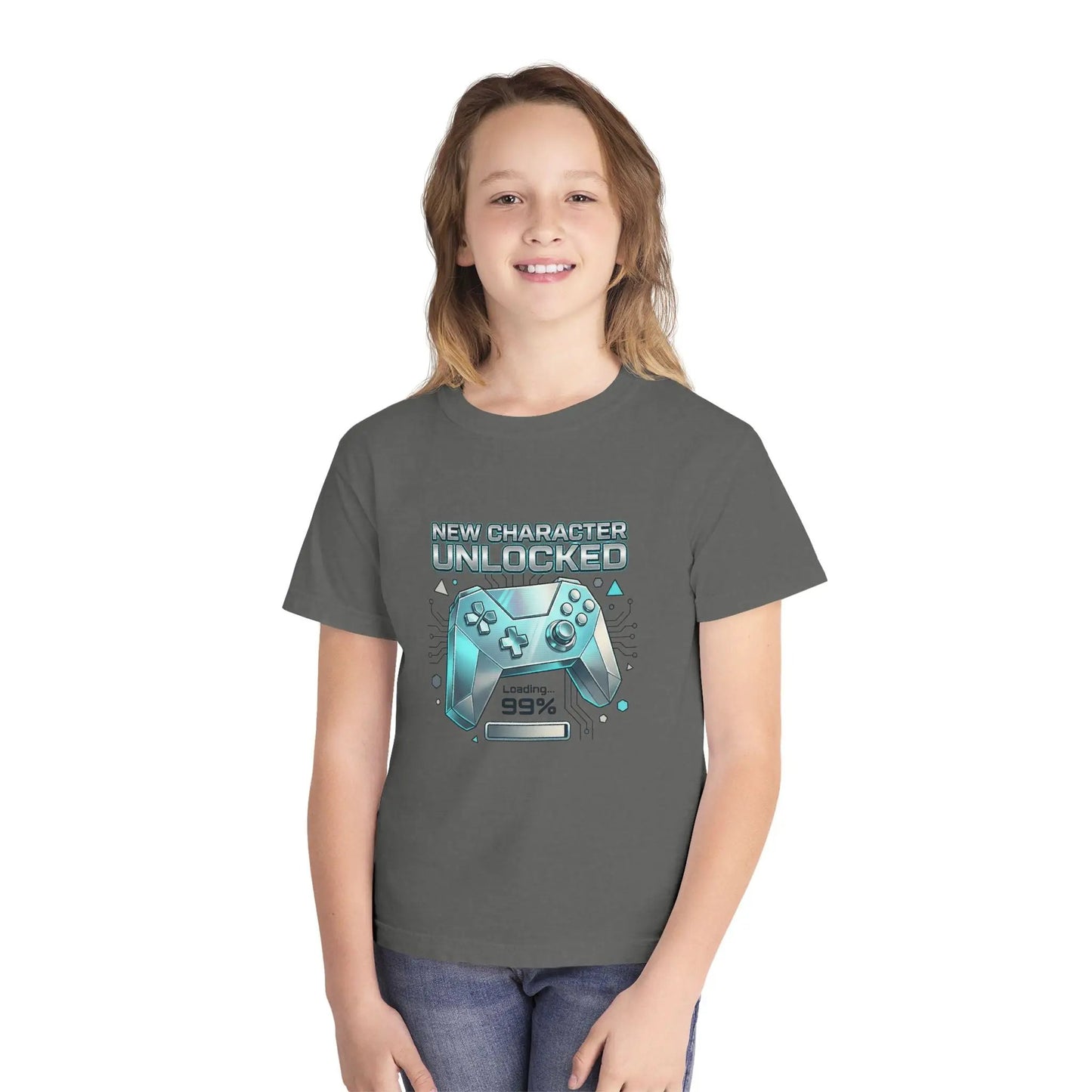 Youth Gaming Tee - "New Character Unlocked" Controller Design (Loading 99%) by Printify