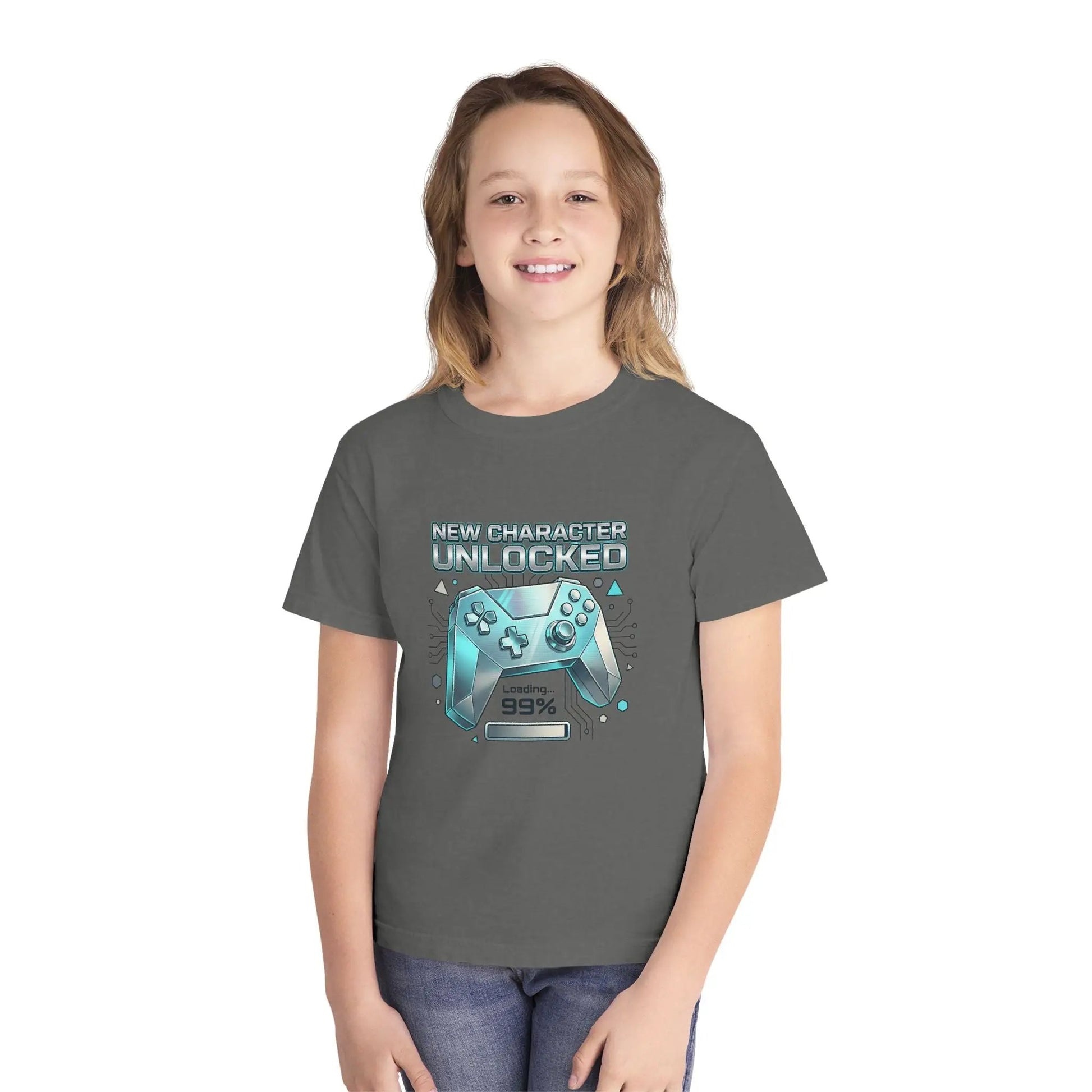 Youth Gaming Tee - "New Character Unlocked" Controller Design (Loading 99%) by Printify