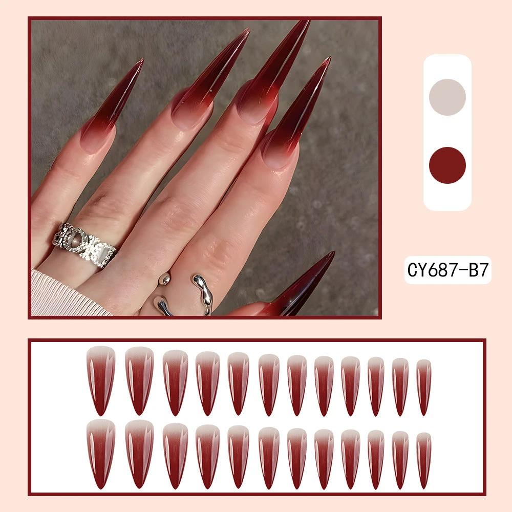 Foreign Trade Hot Selling Wearable Nail Sticker Elegant White Drop Shape Wine Red Gradient Fake Nail Patch Nails by GJG Denim