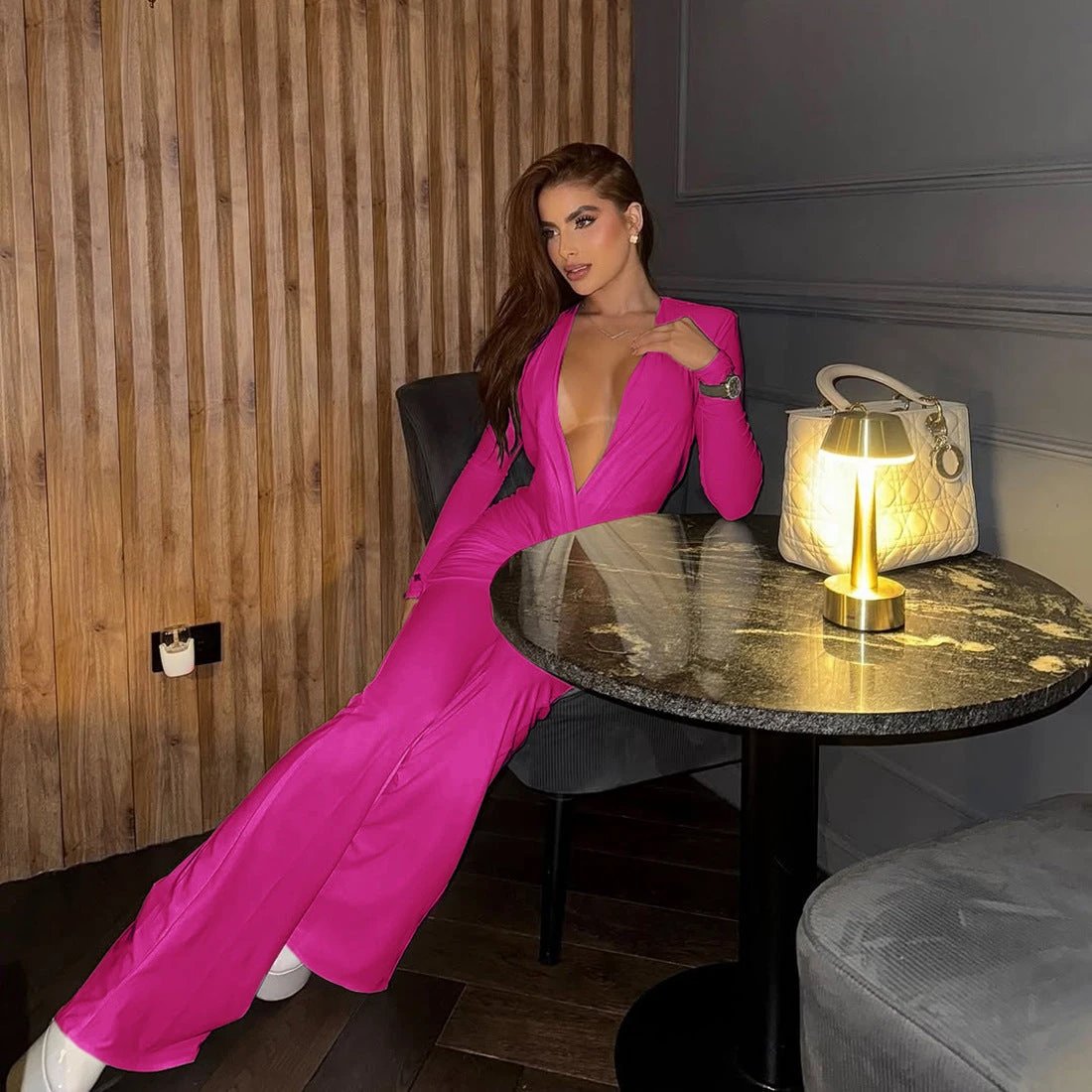 New Women's Fashion Sexy Deep V Long Sleeve Slim Fit Flared Jumpsuit by GJG Denim