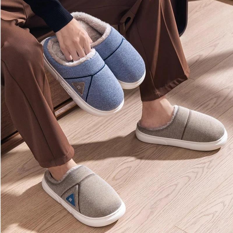 Men's Solid Striped Fleece Plush Slippers by GJG Denim