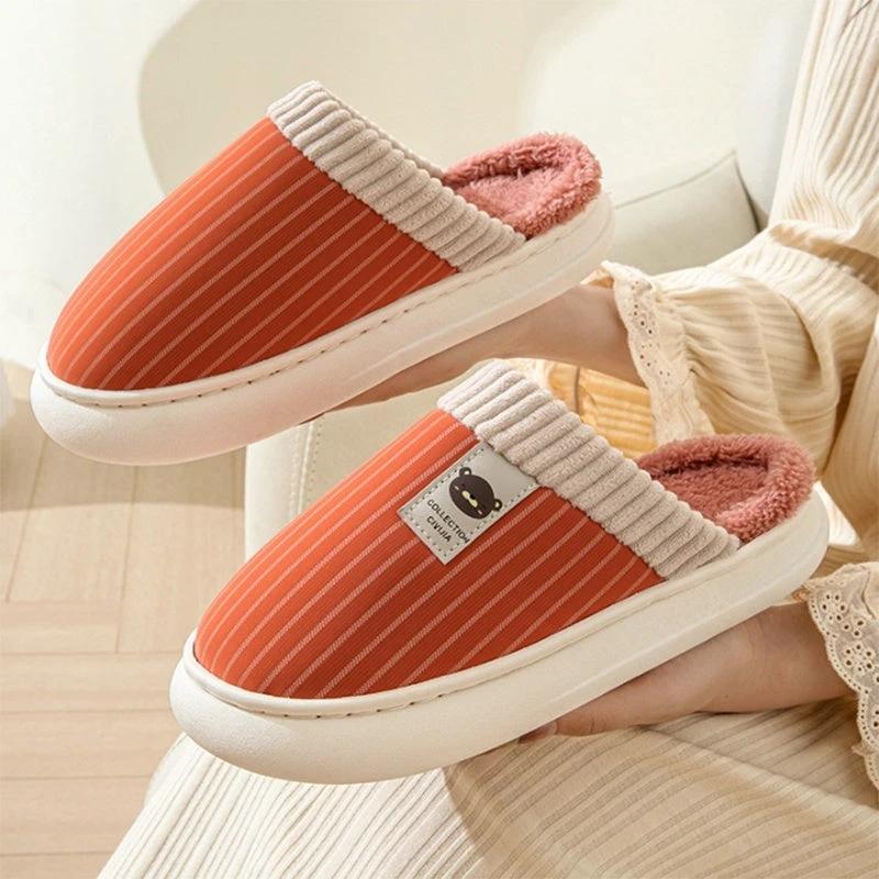 Men's Solid Striped Plush Fleece Slippers by GJG Denim