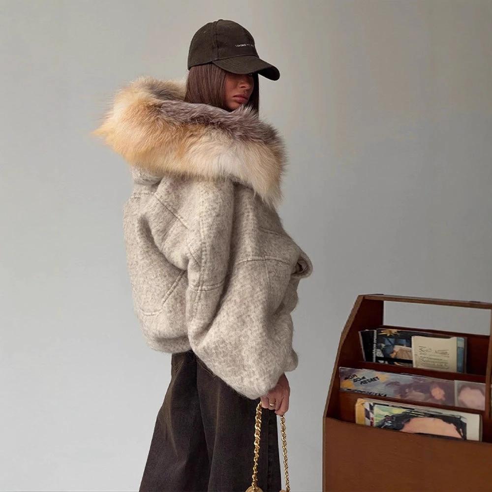 Womens Stylish Woolen Coat With A Big Fur Collar And Zipper by GJG Denim