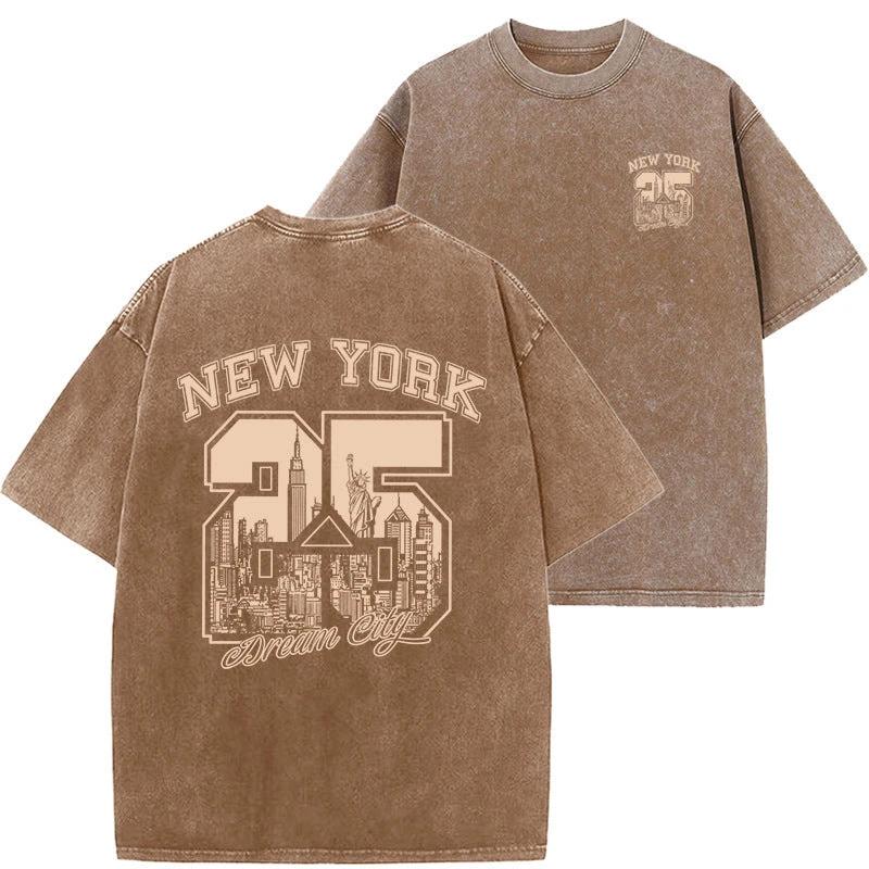 New Vintage Print Washed Short-sleeved T-shirt by GJG Denim