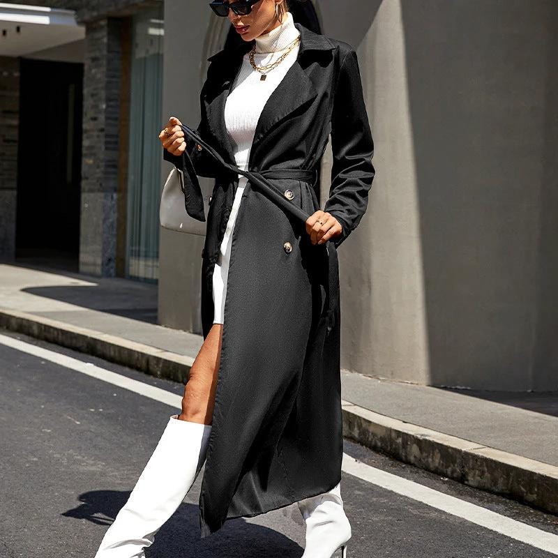 Mid-length High-grade Large Lapel Temperament Commute Lace-up Waist-controlled Black Coat by GJG Denim