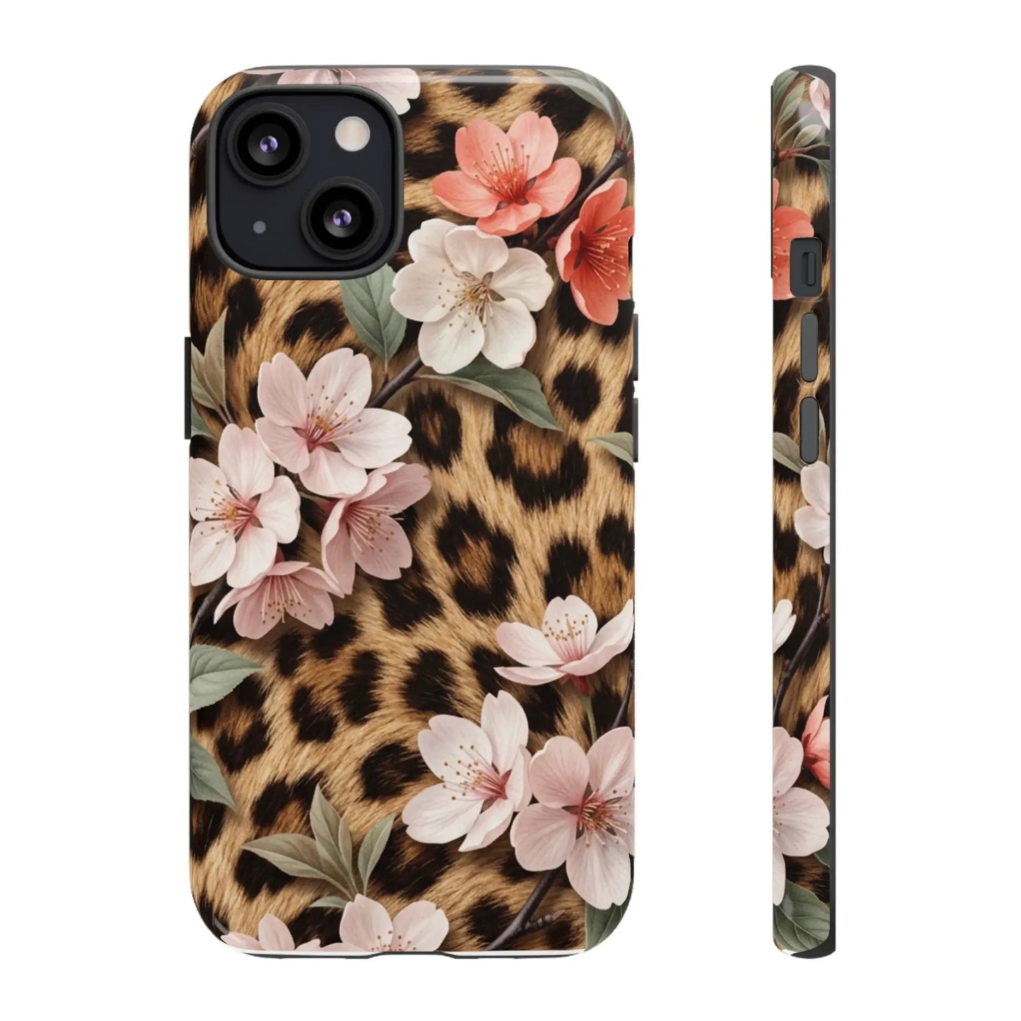 Leopard Floral Tough Case — Protective Phone Case with Pink Cherry Blossoms by Printify