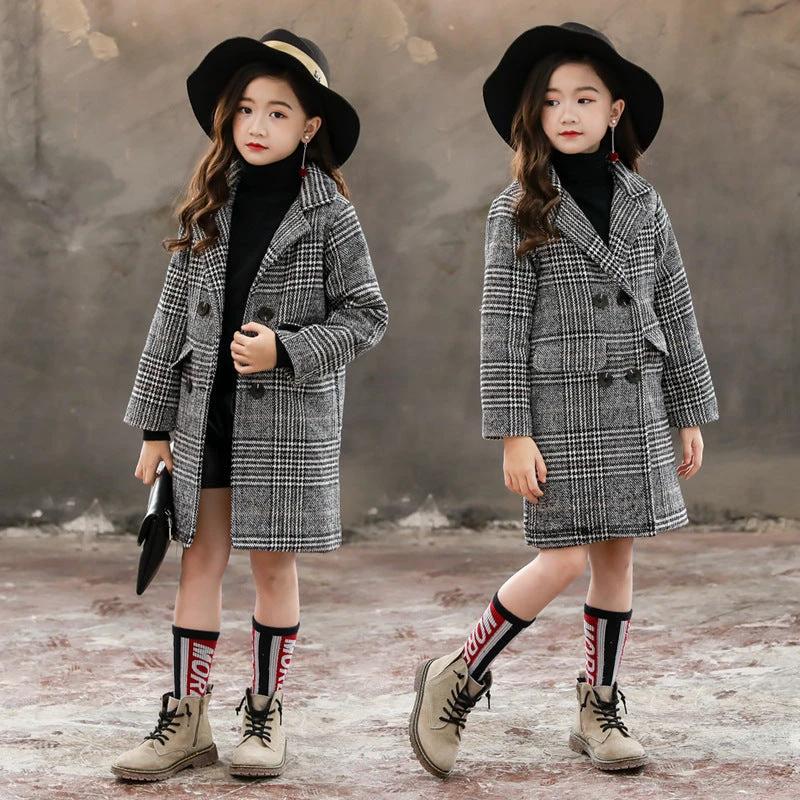 Gray plaid houndstooth coat for girls by GJG Denim