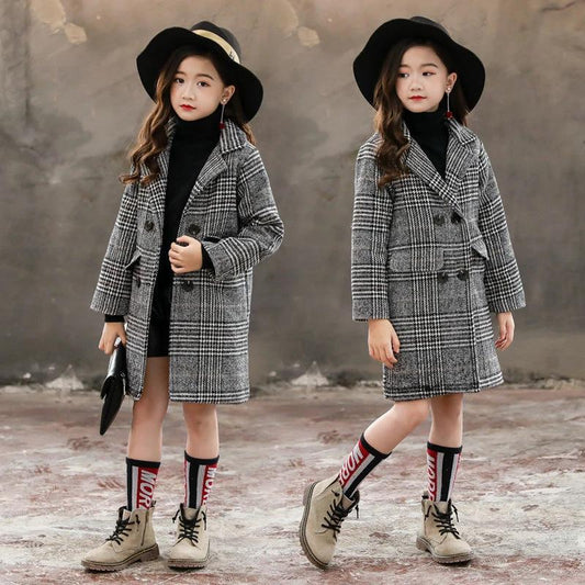 Gray plaid houndstooth coat for girls by GJG Denim