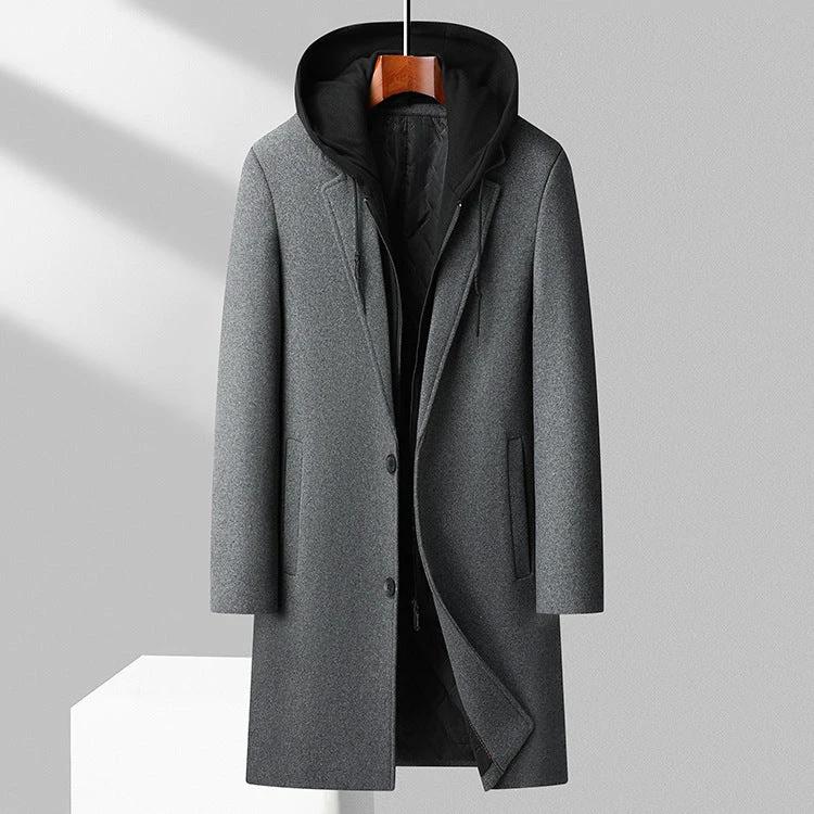 Men's Detachable Hooded Mid-length Woolen Trench Coat by GJG Denim