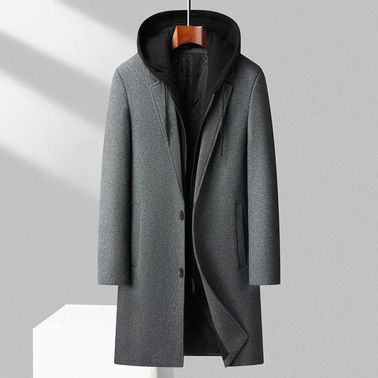 Men's Detachable Hooded Mid-length Woolen Trench Coat by GJG Denim