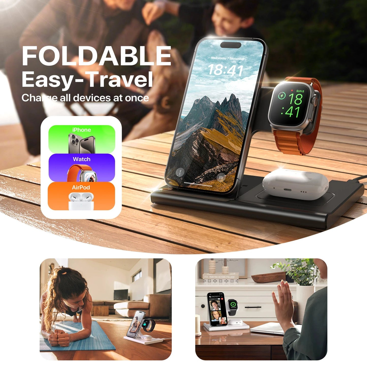 3 In 1 Wireless Charging Sation For Multiple Devices 15W Fast Charging Stand by GJG Denim