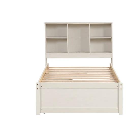 Modern Twin Size Bed Frame With Built-in USB Port On Bookcase Headboard And 2 Drawers White Washed Color by GJG Denim