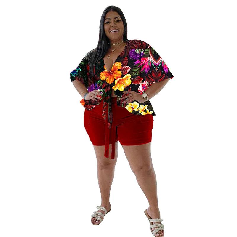 Women's Plus-Size Casual T-Shirt And Shorts Set With Print by GJG Denim