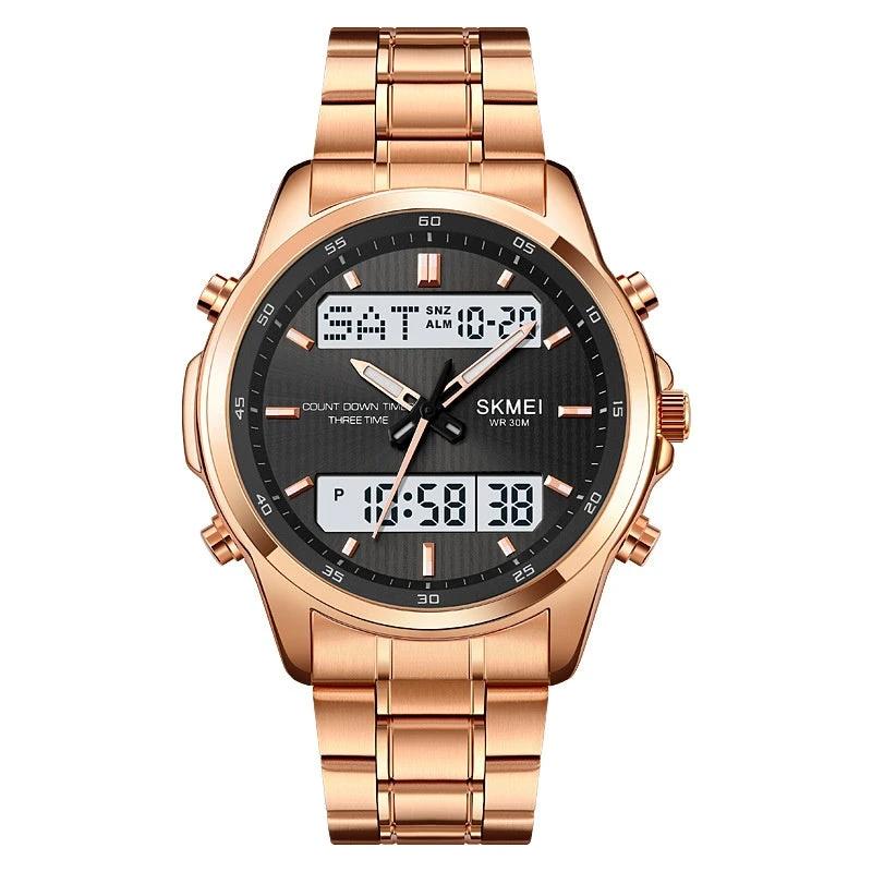 Multifunctional Men's Steel Strap Watch Double Display by GJG Denim