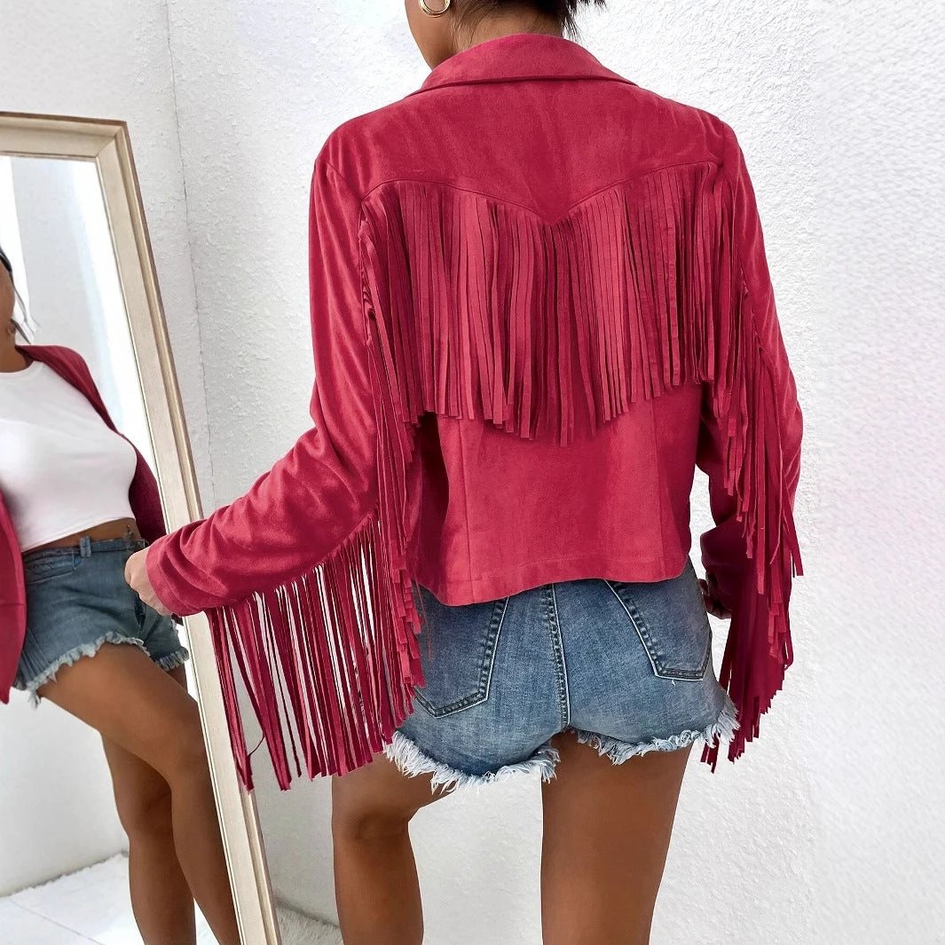 Spring And Autumn Women's V-neck Long Sleeve Fringe Jacket Solid Color Loose Short Coat by GJG Denim