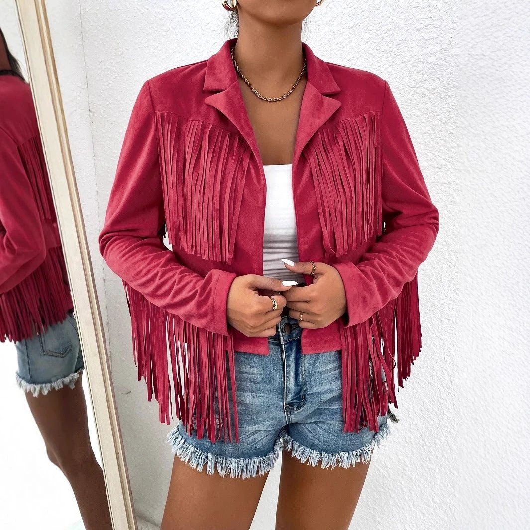 Spring And Autumn Women's V-neck Long Sleeve Fringe Jacket Solid Color Loose Short Coat by GJG Denim