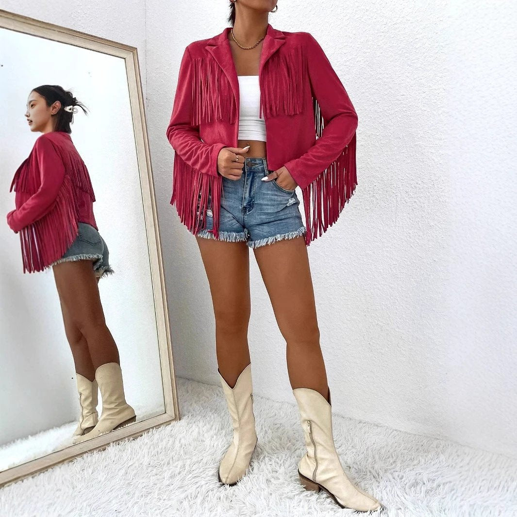 Spring And Autumn Women's V-neck Long Sleeve Fringe Jacket Solid Color Loose Short Coat by GJG Denim