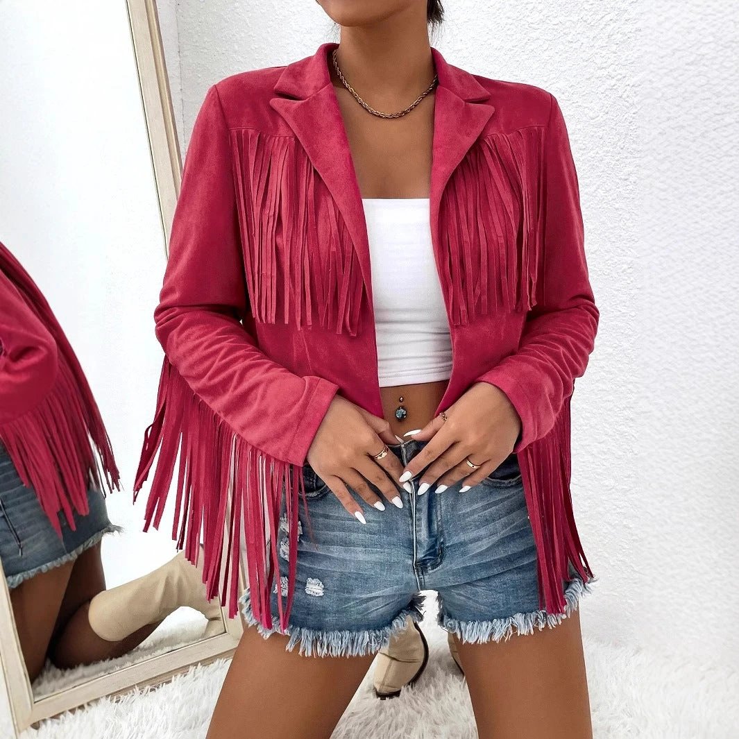 Spring And Autumn Women's V-neck Long Sleeve Fringe Jacket Solid Color Loose Short Coat by GJG Denim