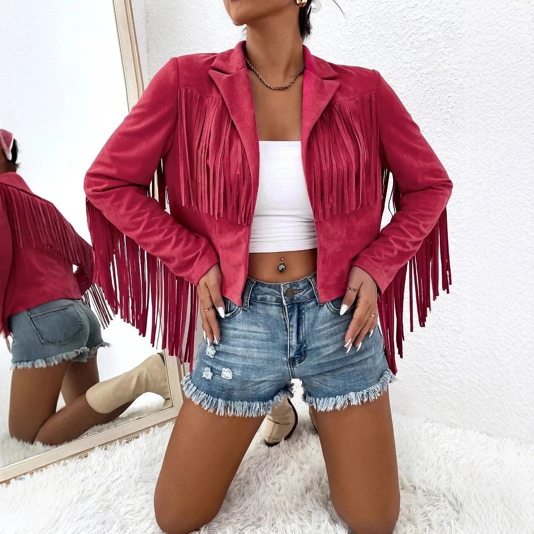 Spring And Autumn Women's V-neck Long Sleeve Fringe Jacket Solid Color Loose Short Coat by GJG Denim
