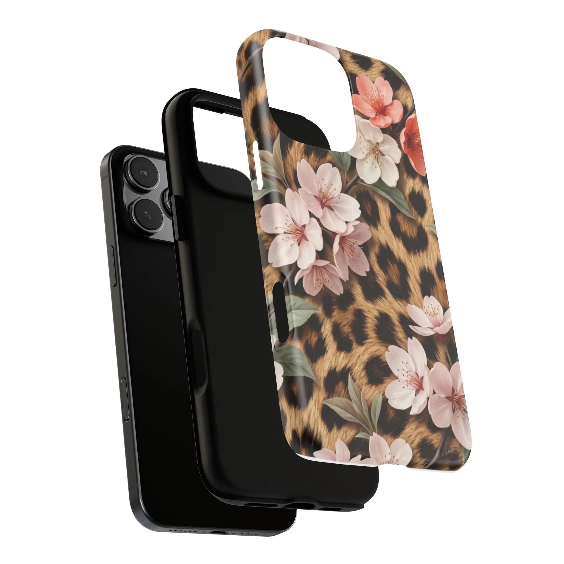Leopard Floral Tough Case — Protective Phone Case with Pink Cherry Blossoms by Printify