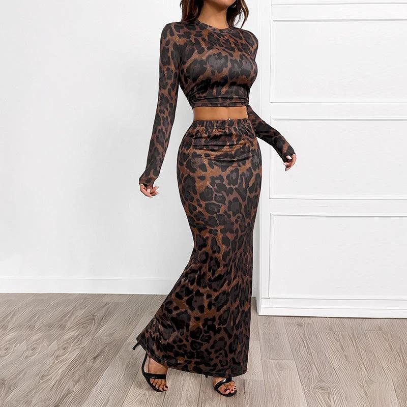 Round Neck Sexy Sheath Long Sleeve Leopard-print Slim-fit Split Suit by GJG Denim