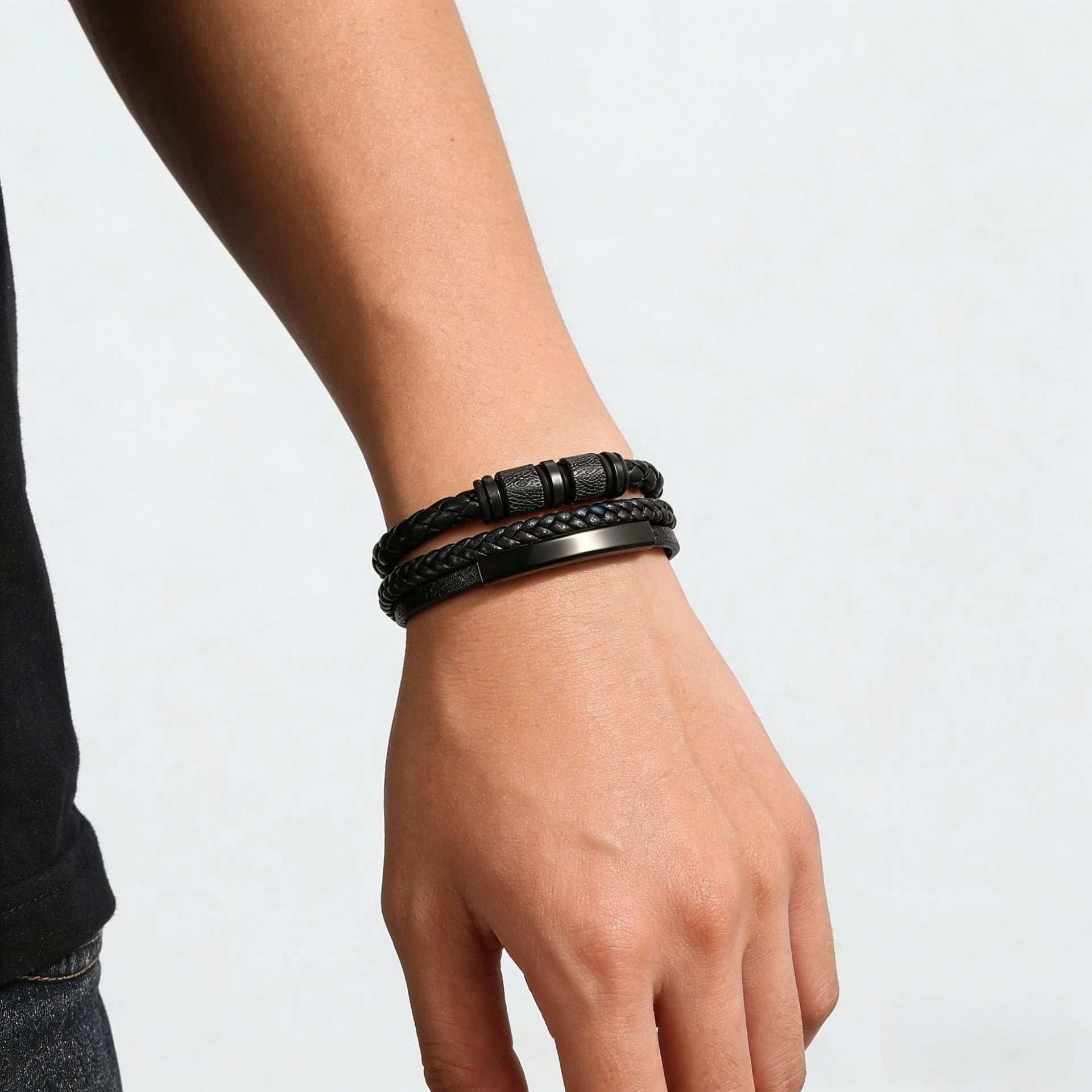 Men's Handmade Three-layer Braided Leather Bracelet by GJG Denim